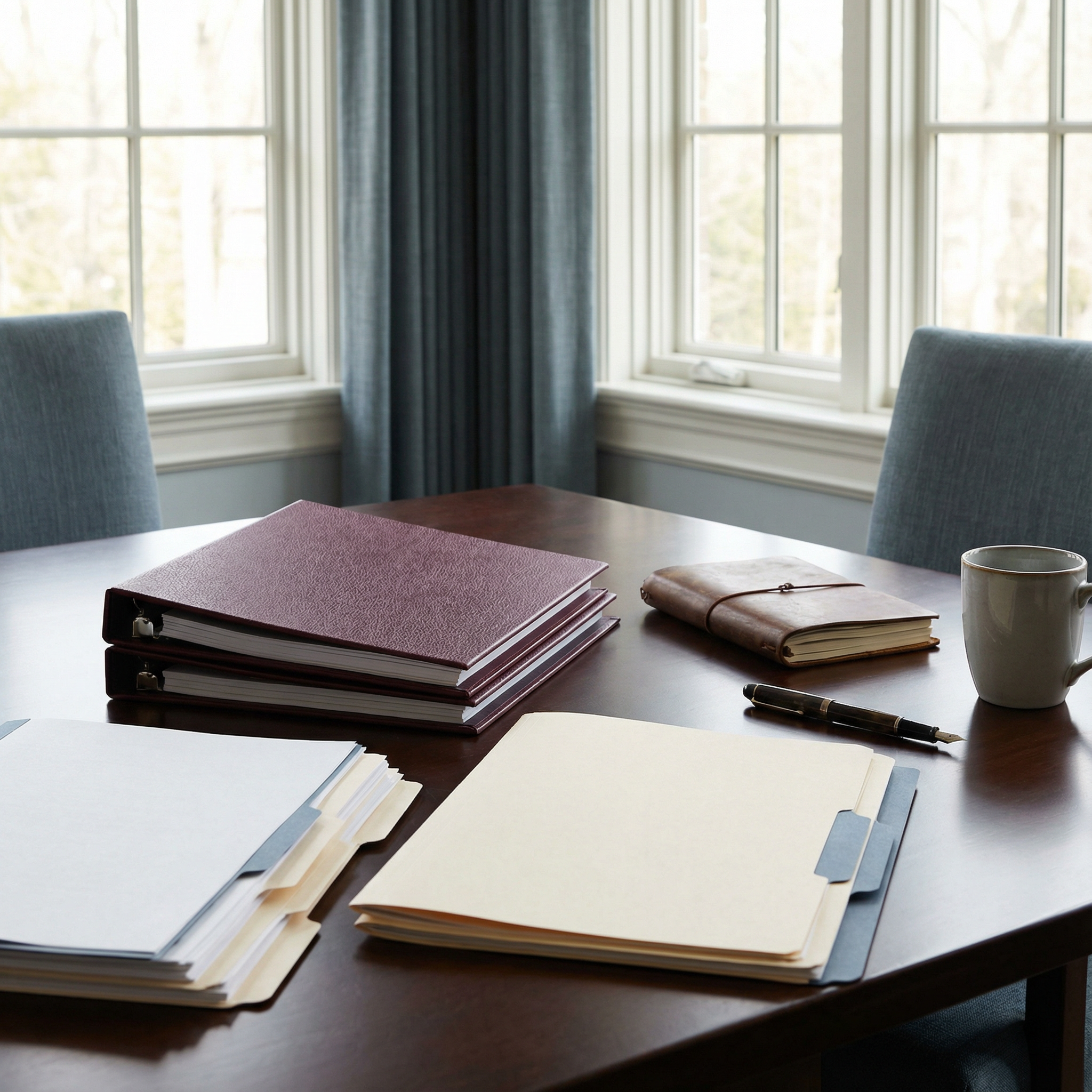 Board meeting table with binders and governance documents prepared for nonprofit governance audit review.