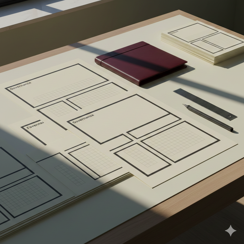 Architectural drafting table with blueprints and tools symbolizing nonprofit bylaws design and governance structure.