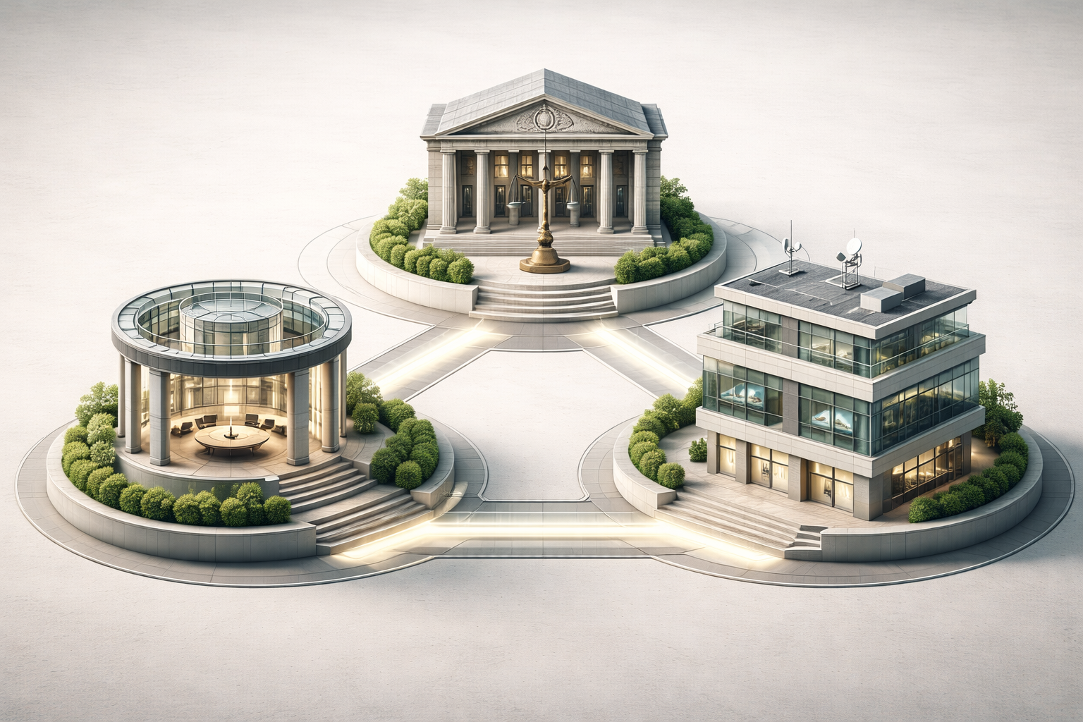 Three interconnected structures forming a triangle, symbolizing integrated nonprofit governance and legal compliance systems.