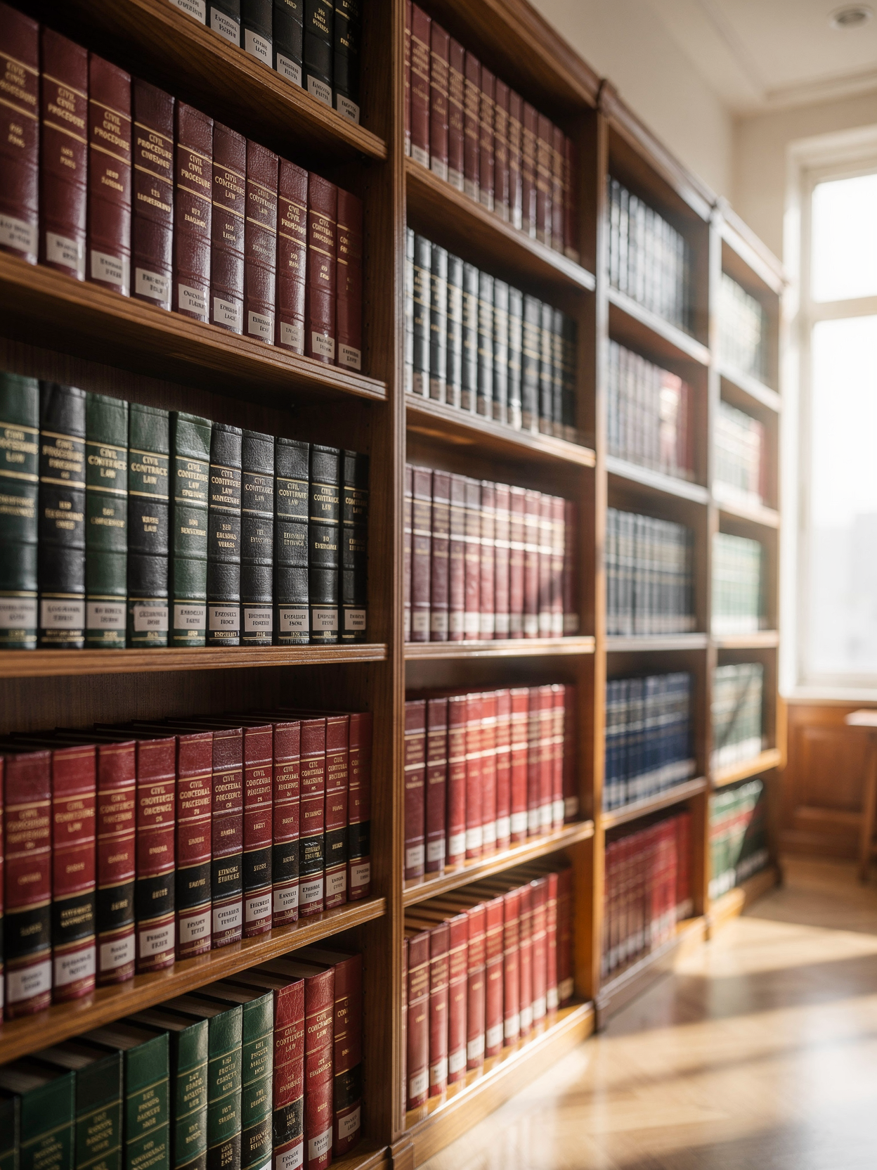 Law library shelves filled with legal volumes representing deep nonprofit legal knowledge and experience.