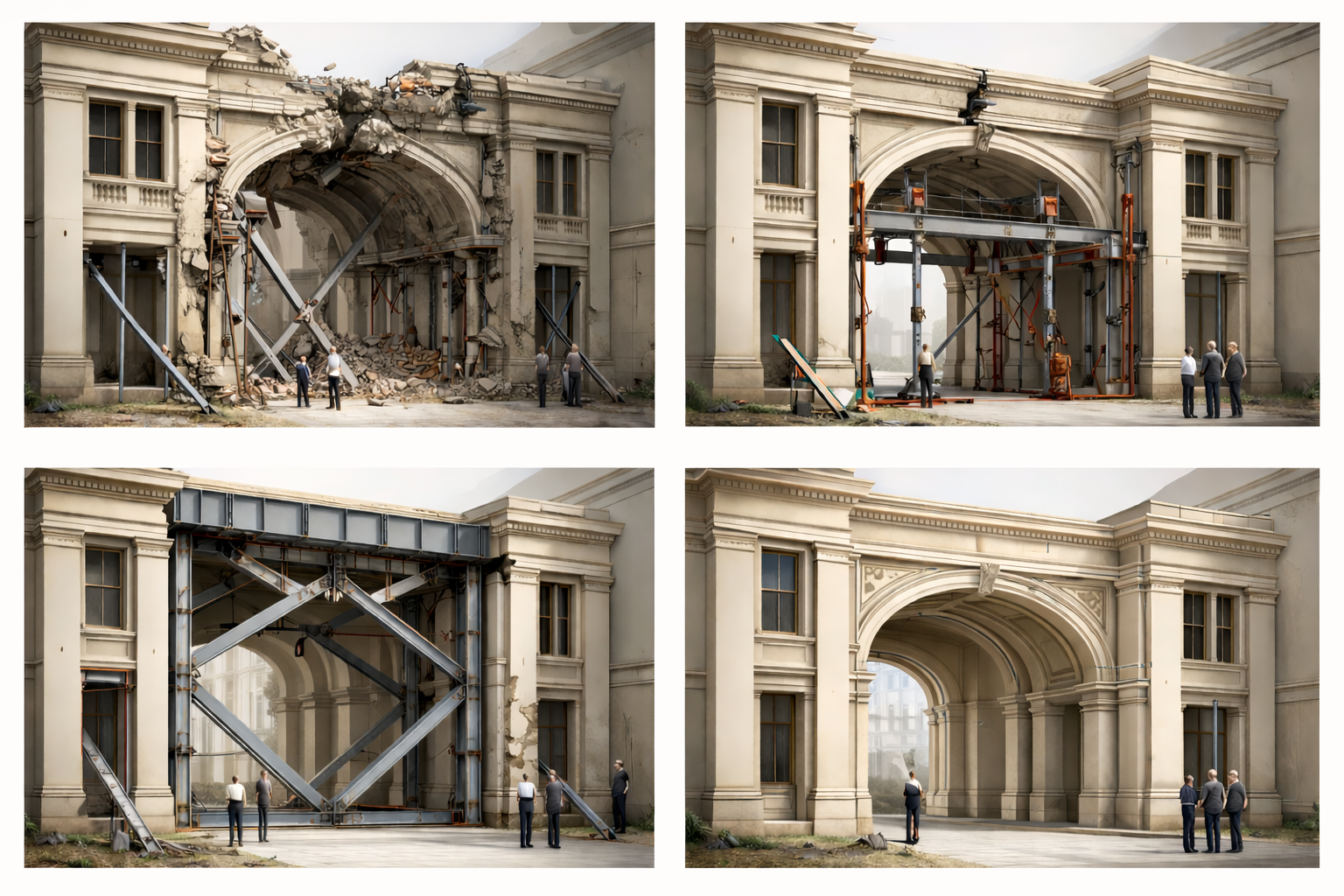 Damaged historical building moving through stages of repair, symbolizing governance stabilization and institutional recovery.