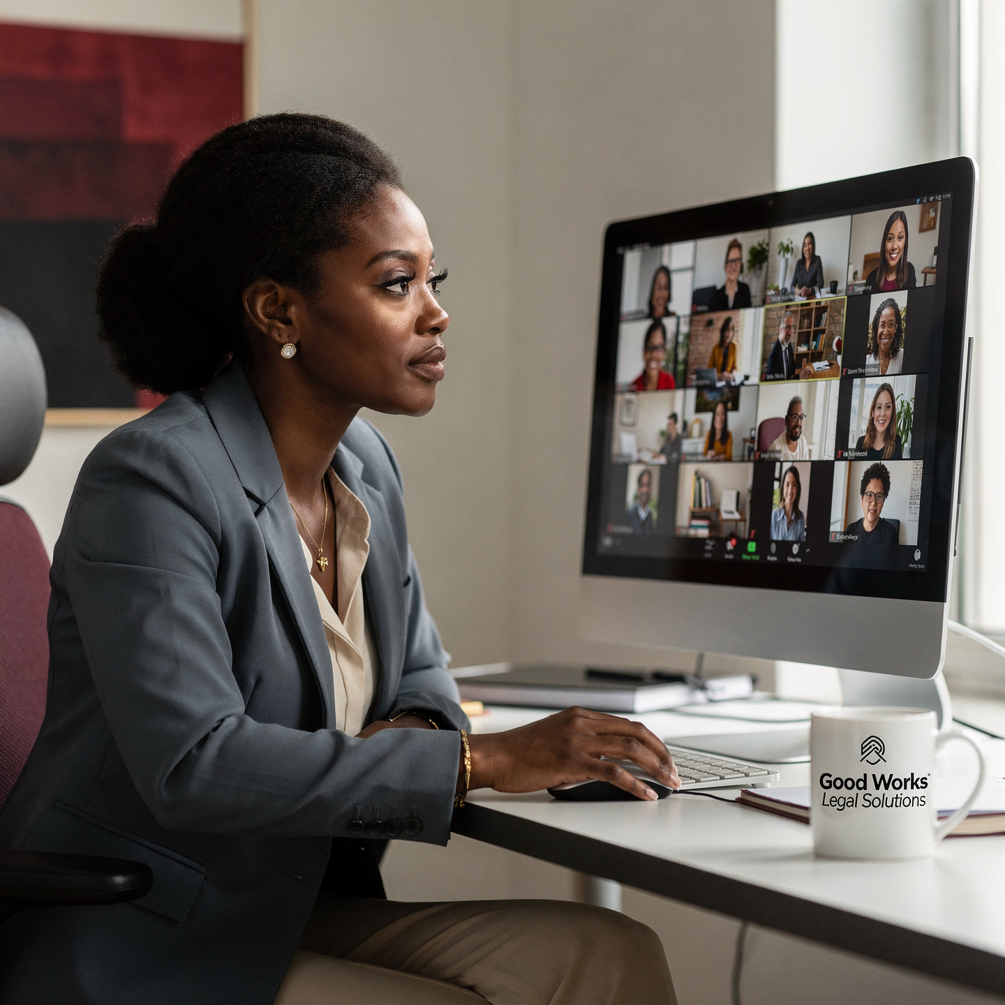 Nonprofit leader participating in virtual bylaws training session with Good Works Legal materials visible.