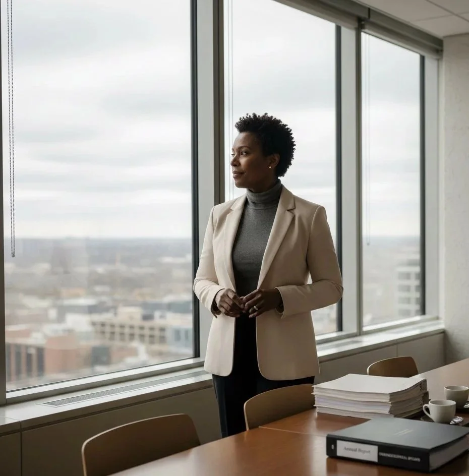 Confident nonprofit leader standing in boardroom, symbolizing steady governance despite external uncertainty.