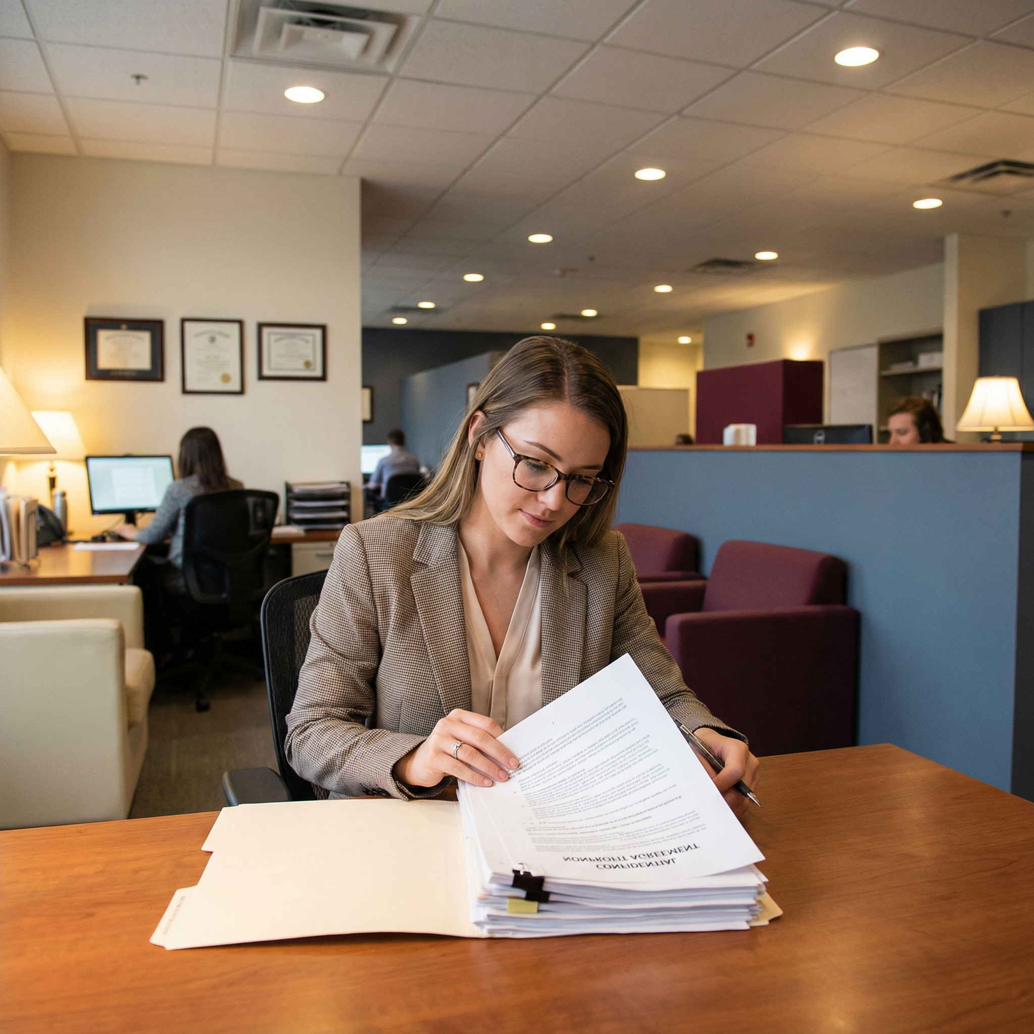 Nonprofit workplace setting with leader reviewing documents, reflecting employment oversight and compliance review.