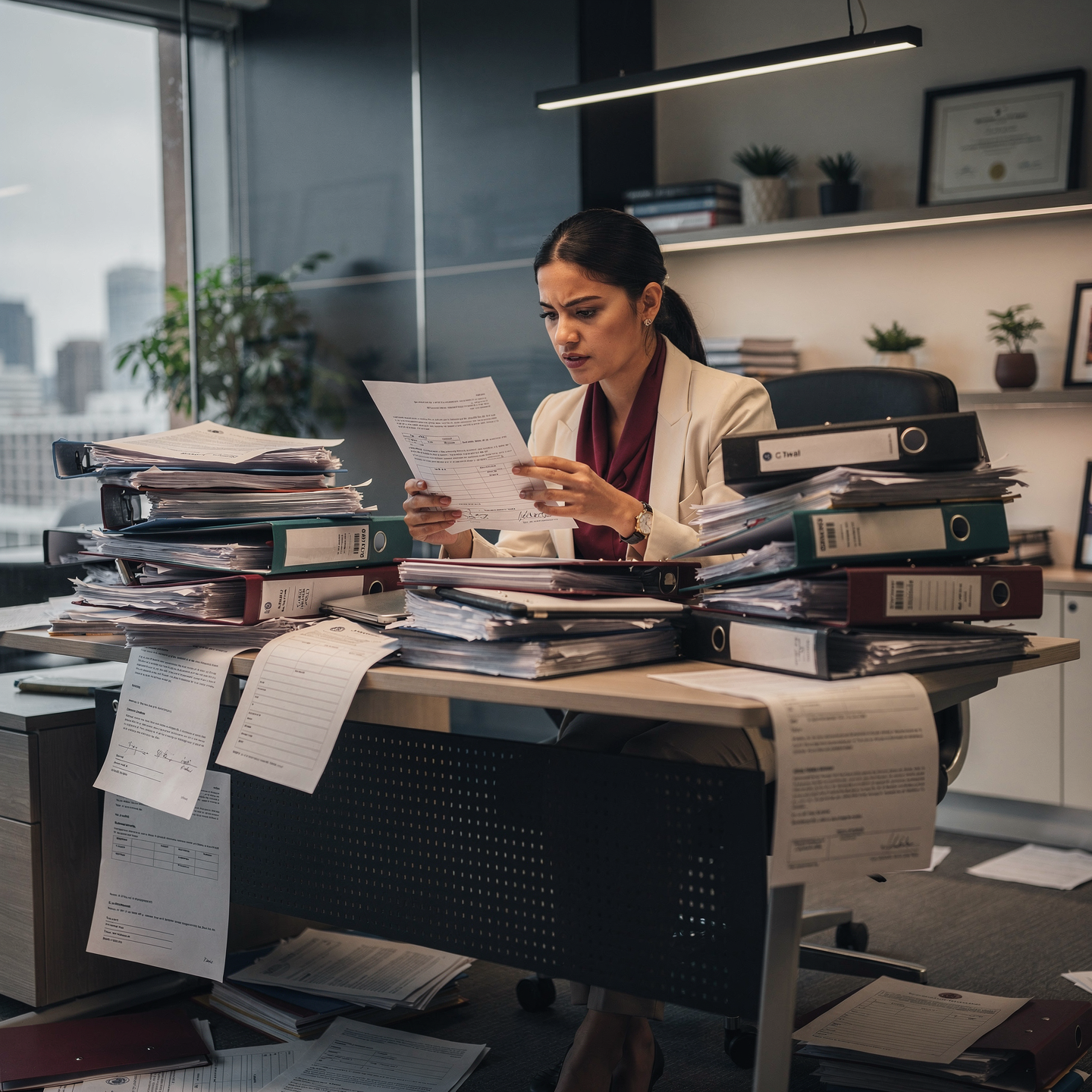 Nonprofit leader overwhelmed by binders and paperwork, representing legal responsibility without clear guidance.