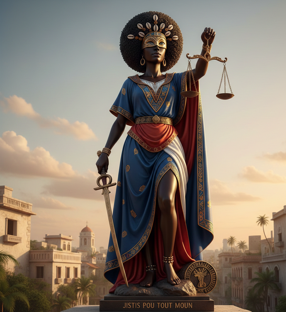 Haitian-inspired Lady Justice illustration with cowrie shells in her hair, symbolizing cultural integrity and legal stewardship.