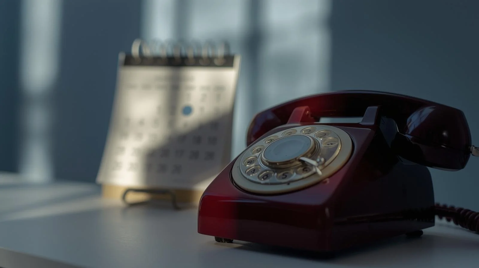 Calendar and burgundy rotary phone representing scheduled nonprofit governance consultation calls.