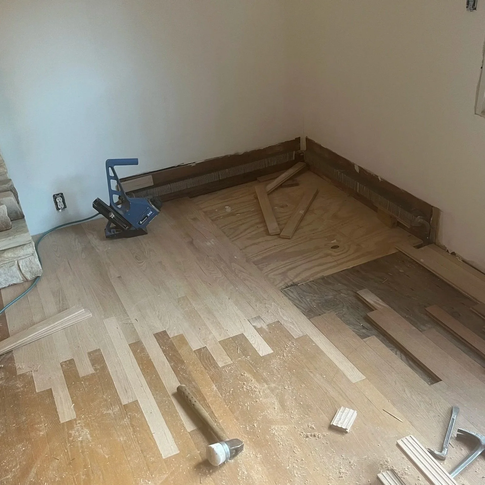 Red oak floor weave-in repair in process.