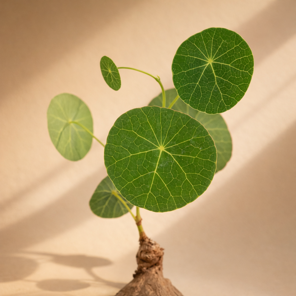 A potted stephania erecta plant with round green leaves and prominent vein patterns.
