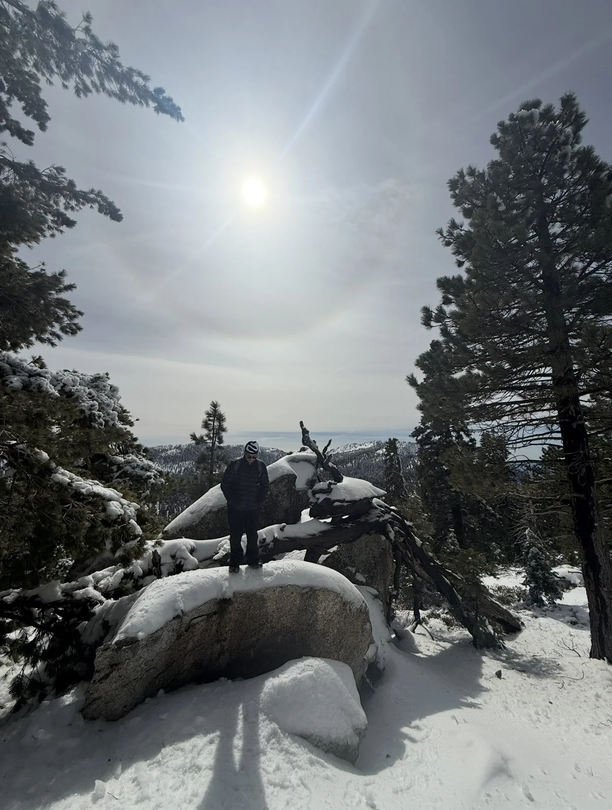 A person wearing a helmet and dark clothing standing on large snow-covered rocks in a snowy forest, with tall pine trees and snow-covered mountains in the background under a bright sun in a partly cloudy sky.