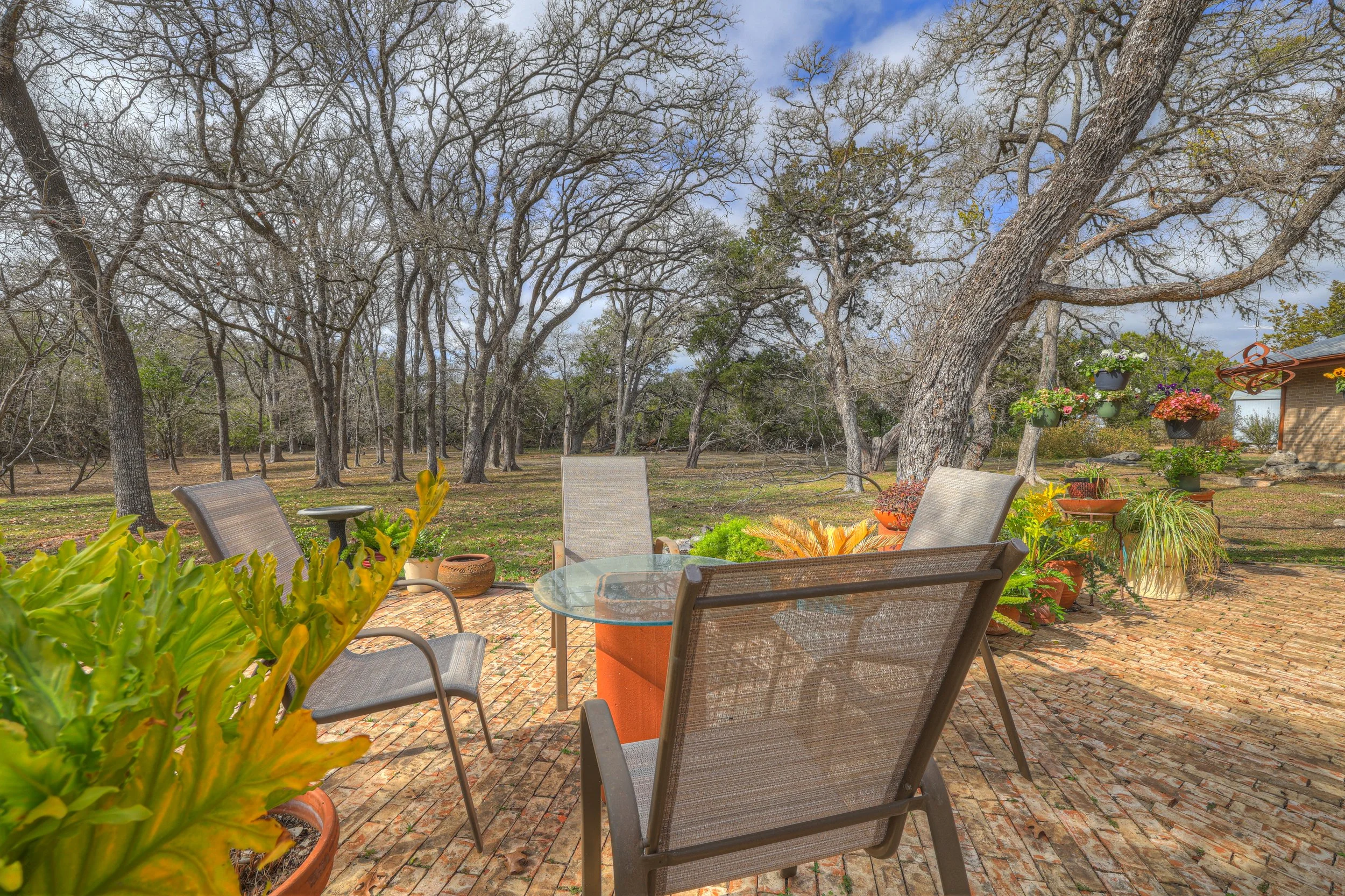 Patio with a glass table and four chairs, surrounded by potted plants and hanging flower baskets, with leafless trees and a cloudy sky in the background.
