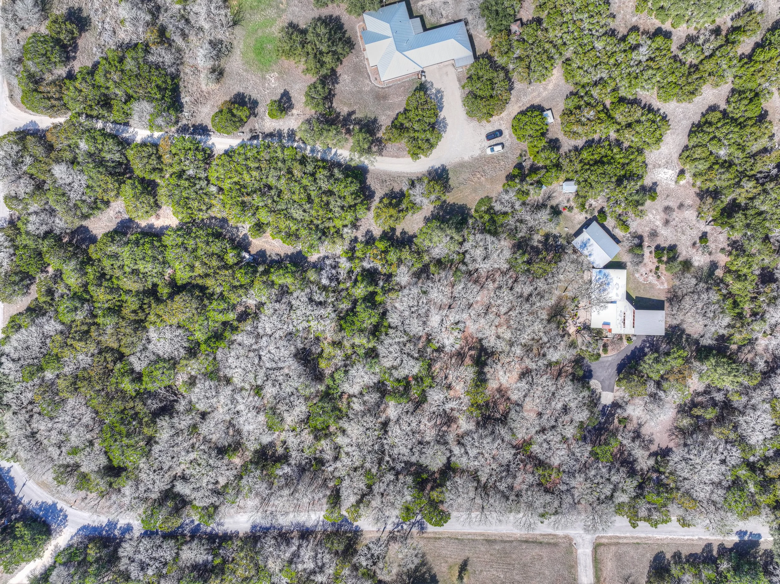 Aerial view of a wooded area with houses and cars, showing trees, roads, and buildings.