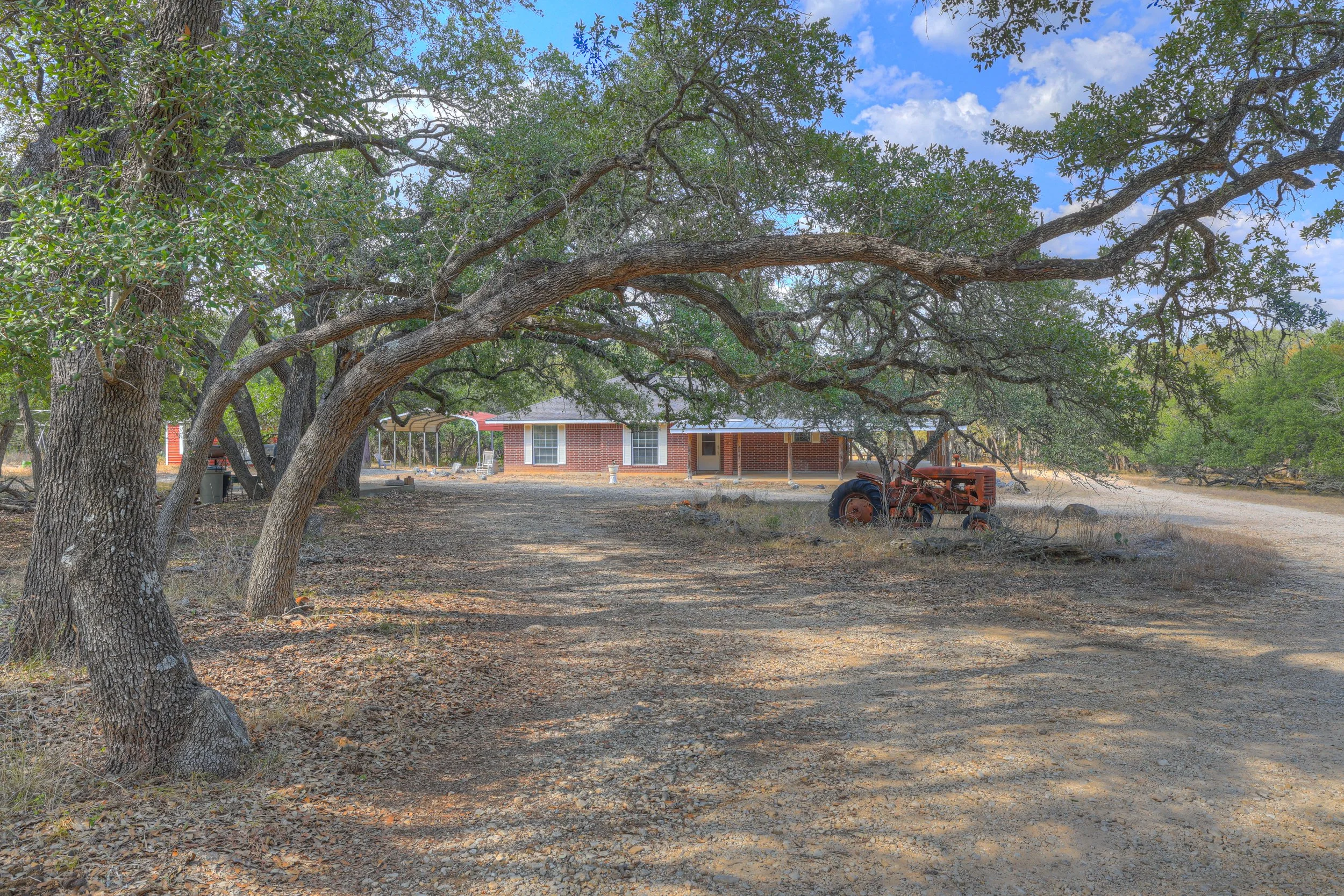 A large tree with widespread branches over a dirt driveway in front of a brick house with a covered porch, surrounded by a rural landscape with scattered trees and a partly cloudy sky.