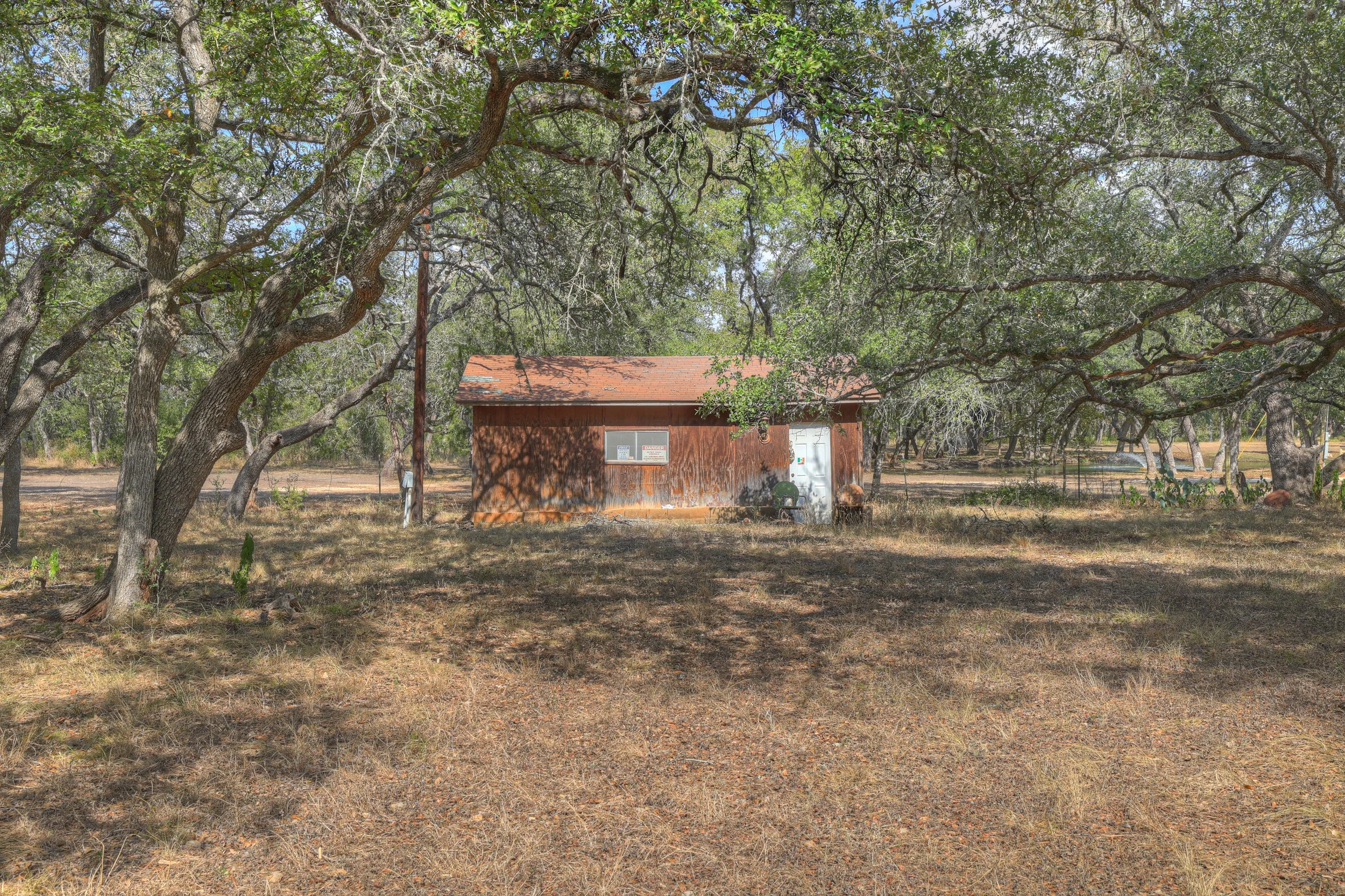 A small wooden shed with a red roof, white door, and two windows, situated under large, sprawling trees with green foliage on a dry, grassy area.