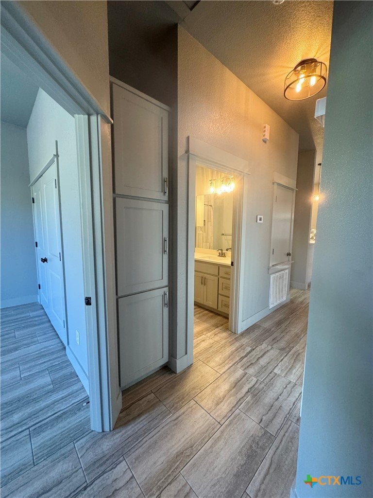 View of a hallway with wooden tile flooring, beige walls, and a bathroom with vanity and mirror illuminated by bright lights. A ceiling light fixture is visible, and there is a small white vent on the wall.