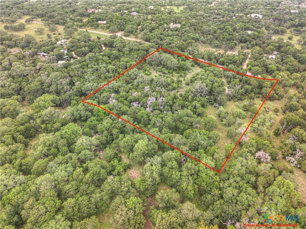 Aerial view of a wooded plot of land outlined in red, surrounded by dense trees and green landscape.
