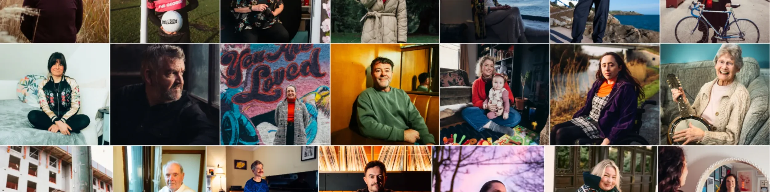 Collage of various people in different settings, including indoors and outdoors, some smiling, some engaged in activities, with diverse ages and backgrounds.