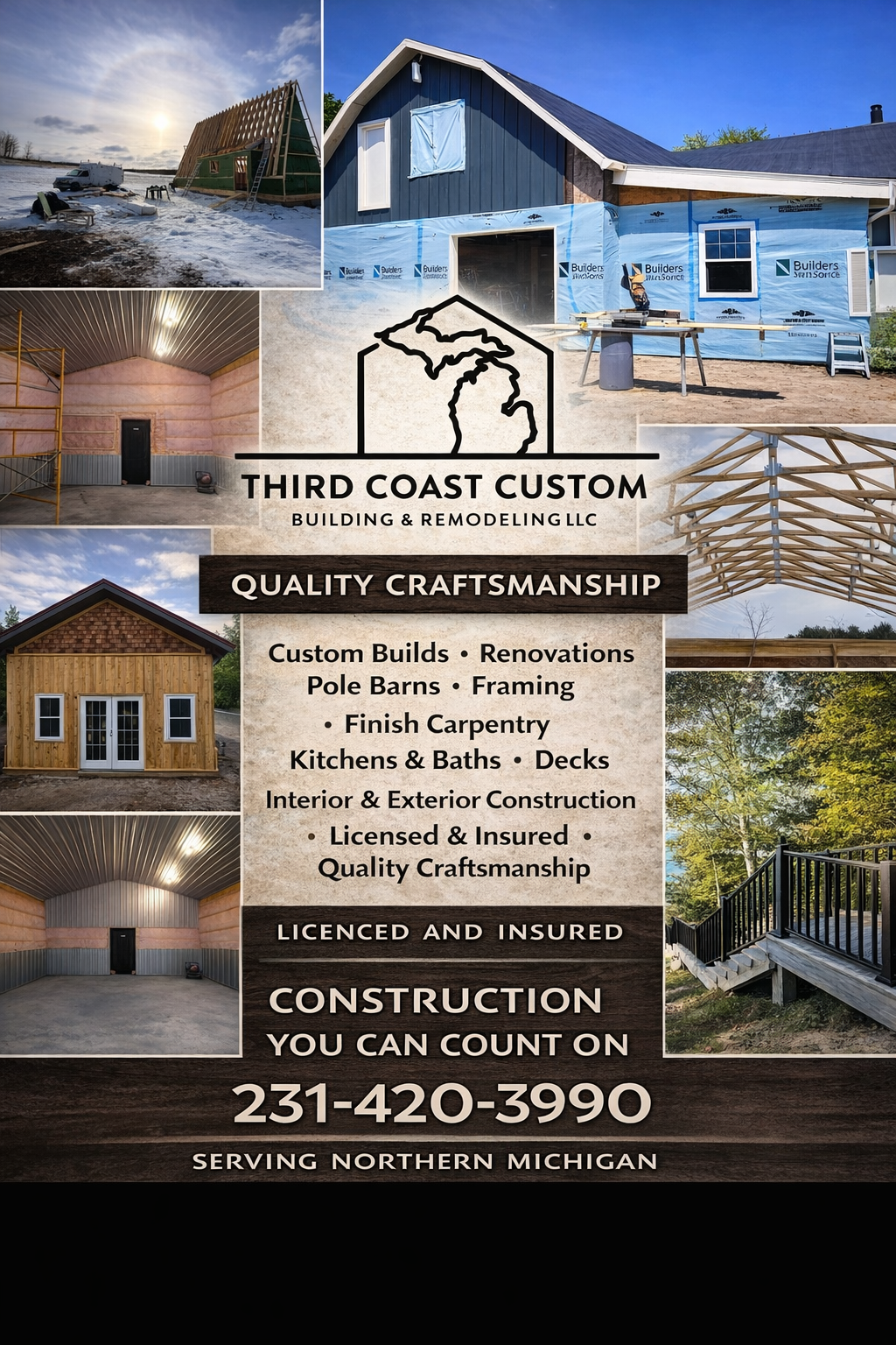 Third Coast Custom Building & Remodeling LLC house construction and renovation, with services listed including custom builds, renovations, pole barns, framing, finish carpentry, kitchens, baths, decks, interior and exterior construction, and licensed insured craftsmanship. Contact number provided for service in northern Michigan.