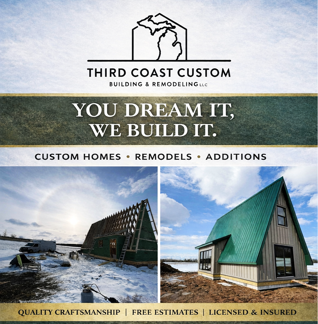 Third Coast Custom Building & Remodeling LLC featuring before and after images of a house construction.  New Builds, custom homes, remodels, and additions, highlighting quality craftsmanship, free estimates, and licensed and insured services.