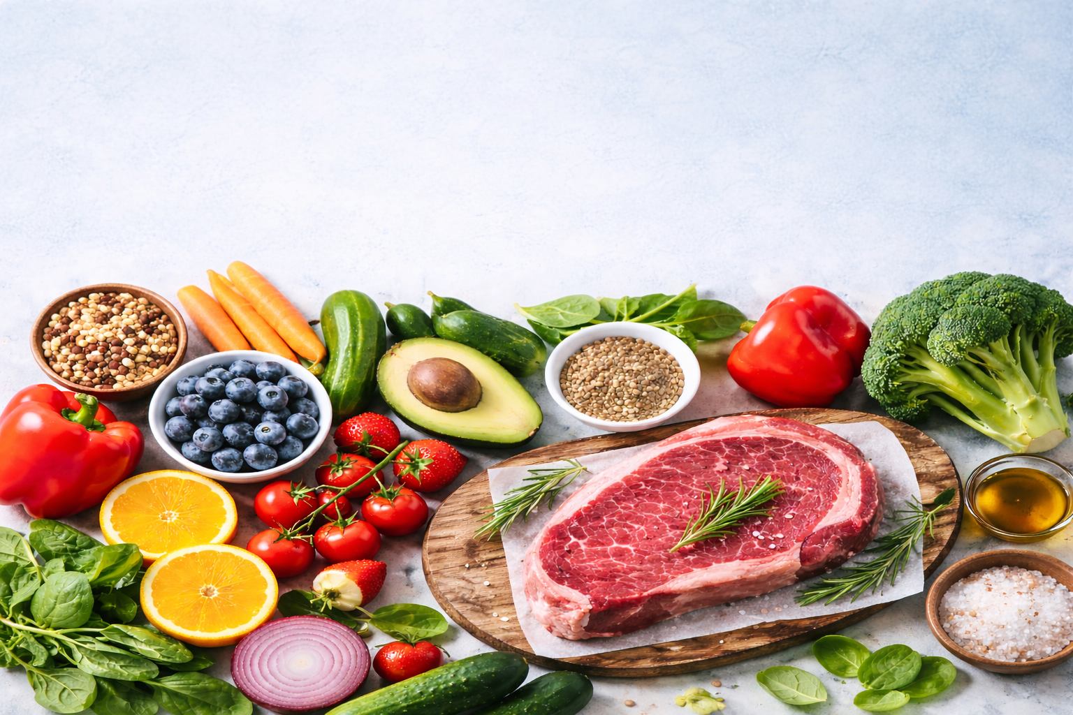 Fresh whole foods including vegetables, fruit, and quality protein used to support balanced nutrition.