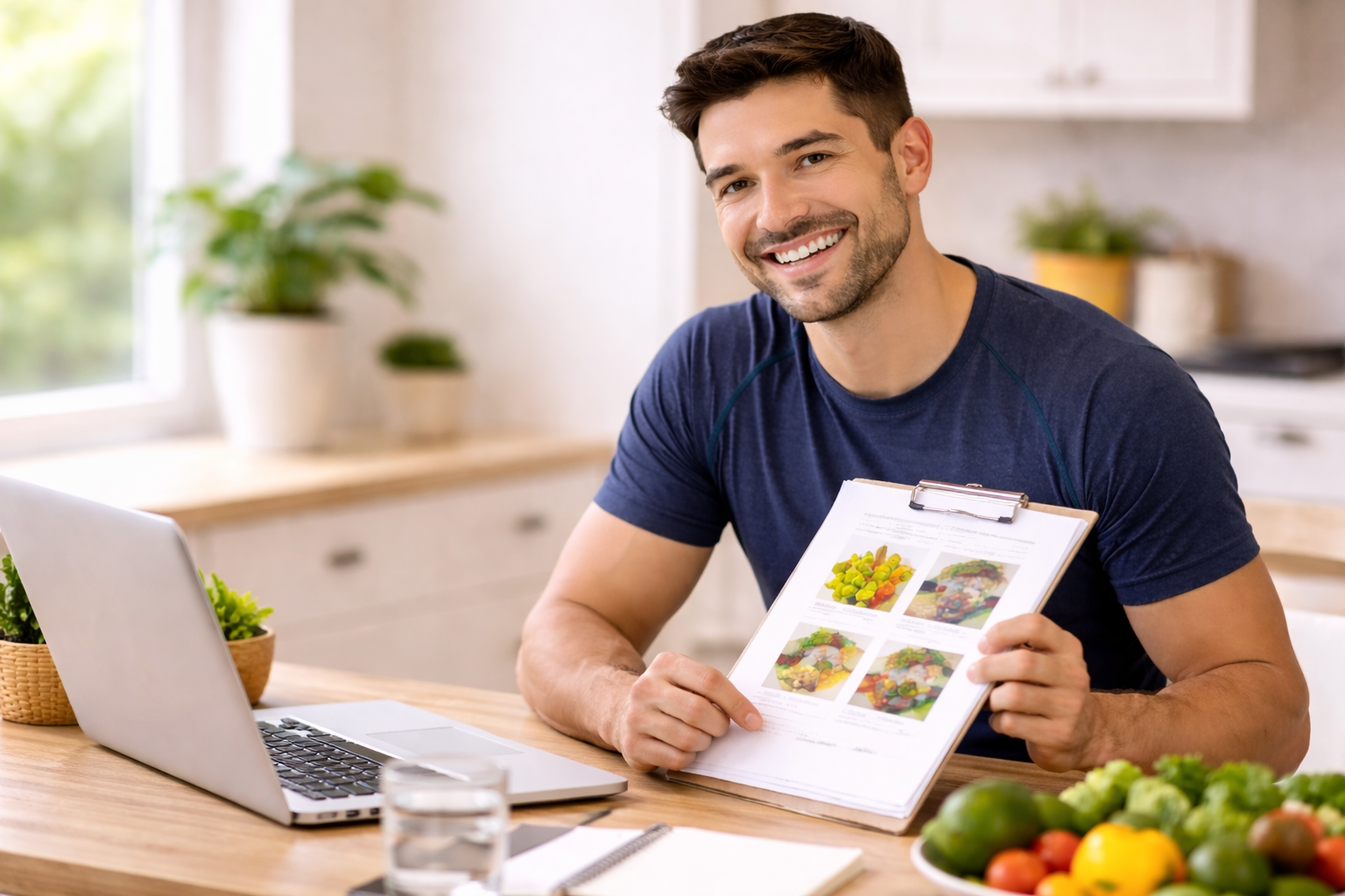 Health coach reviewing nutrition and lifestyle information with food visuals at a table.