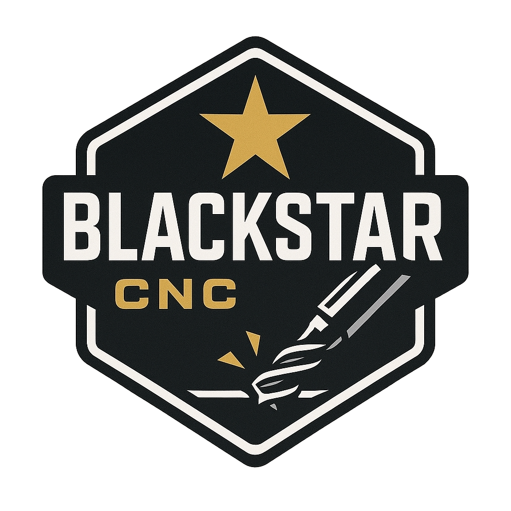 Logo for Blackstar CNC featuring a gold star, a CNC machine tool, and the words "Blackstar CNC" in bold white and gold letters on a black background with a white border.