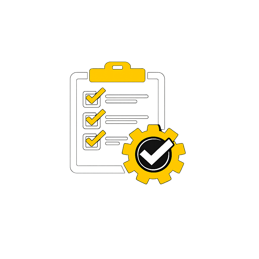 Illustration of a checklist on a clipboard with yellow checkmarks and a gear with a large checkmark, symbolizing task completion or process optimization.