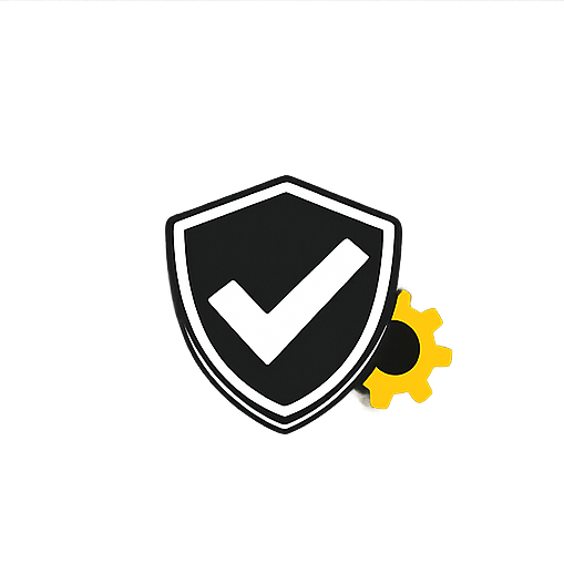 Shield with a checkmark and a gear symbol.
