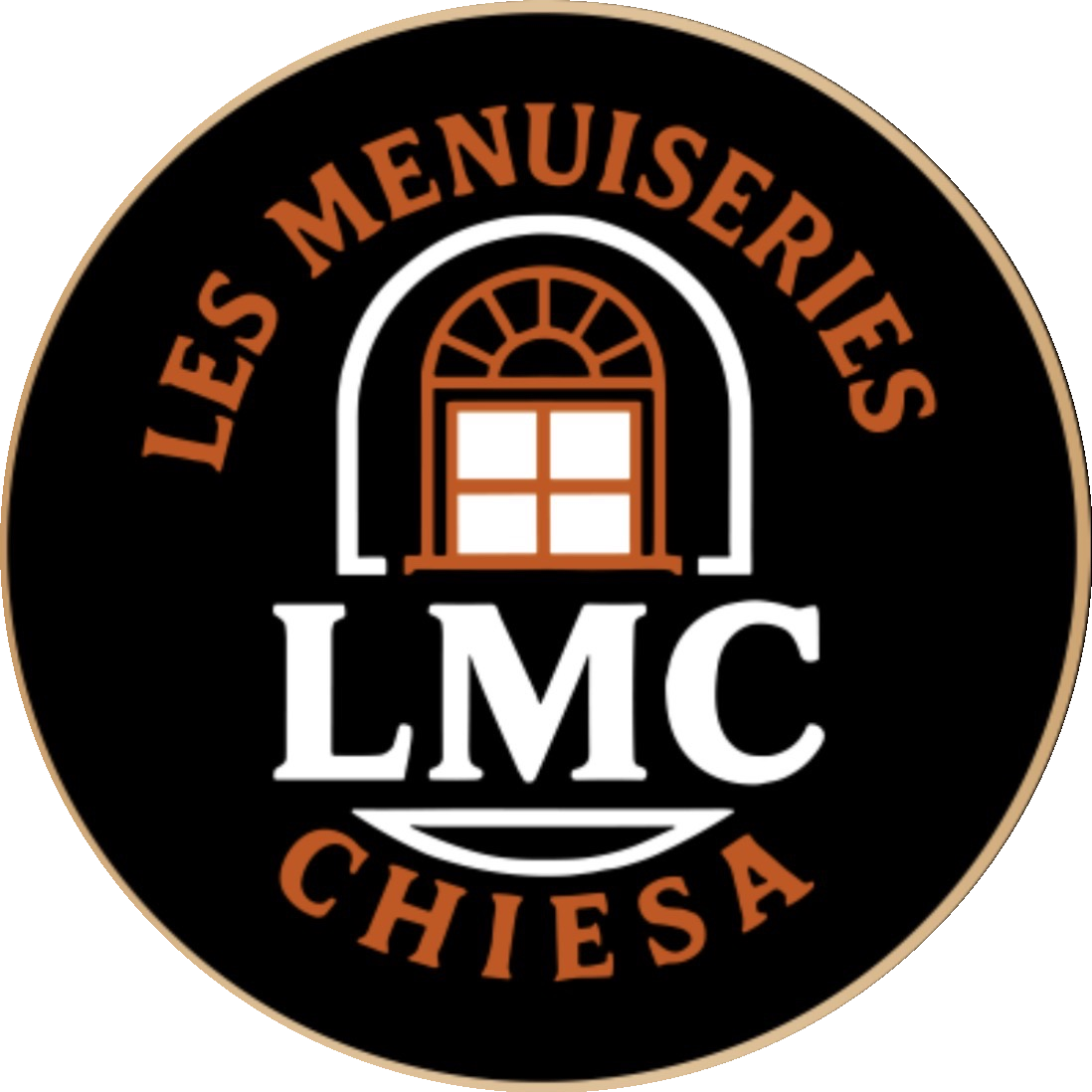 Logo circulaire avec une image de fenêtre stylisée et le texte 'Les Menuisiers Chiesa LMC' en français.