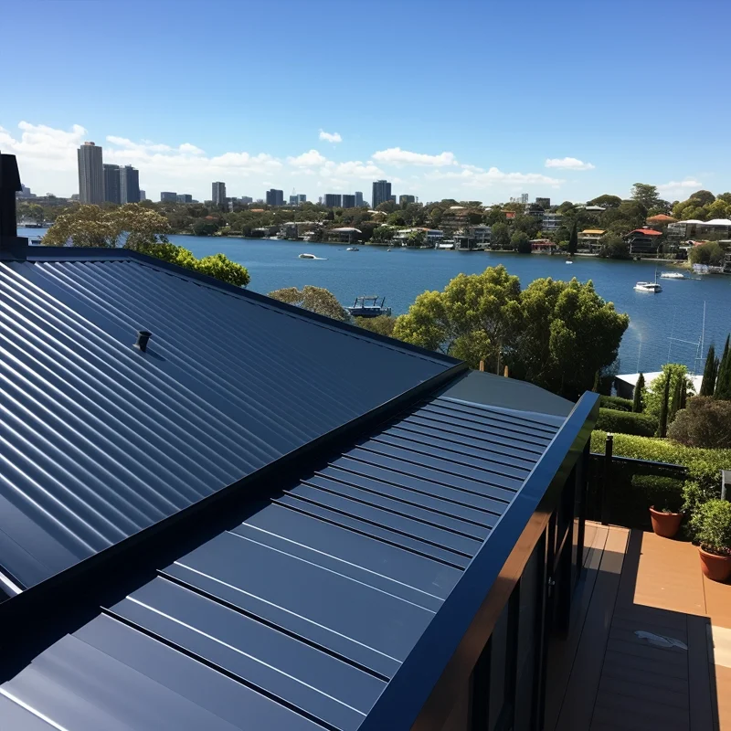 View of a river with boats, green trees, residential houses, and a city skyline in the background, taken from a balcony with a metal roof.
