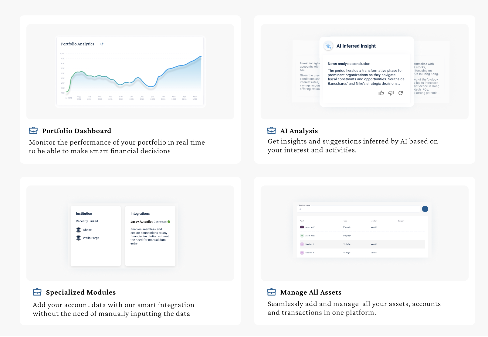 Screenshot of a finance or investment platform displaying four panels: Portfolio Dashboard with a line graph and description; AI Inferred Insight with a news analysis snippet; Institution and Integrations with related icons and text; Manage All Assets with a list of assets. All panels have icons and descriptions related to financial data management.
