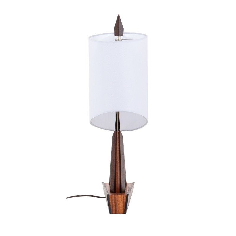 A modern table lamp with a wooden base and a white cylindrical lampshade.