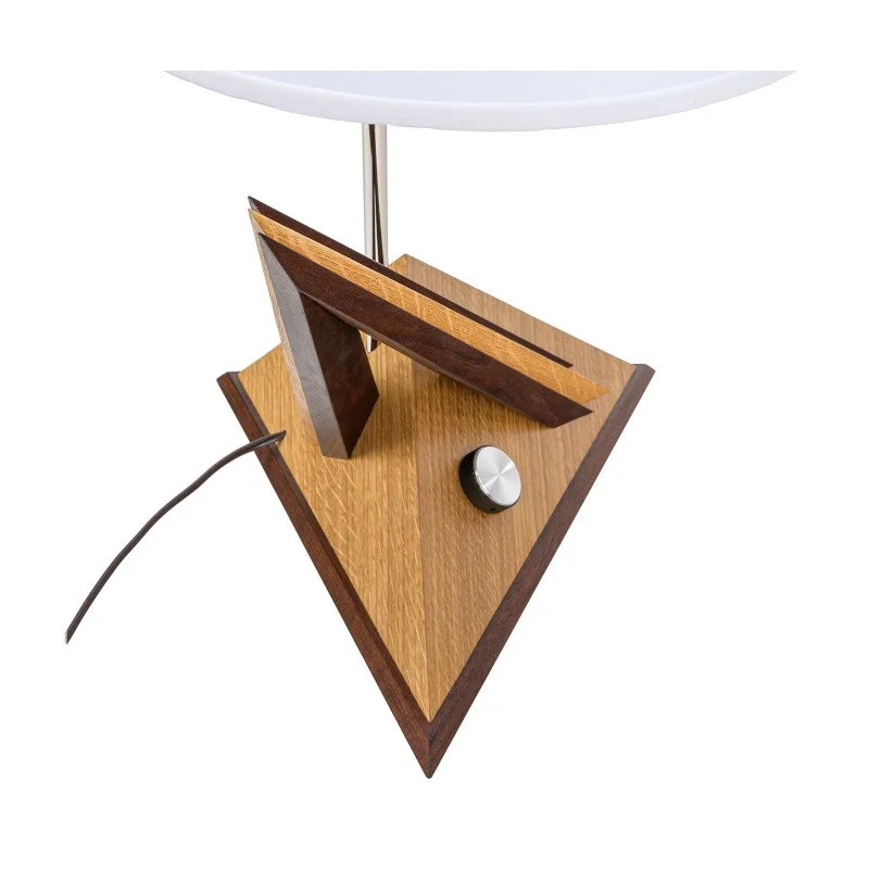 A modern wooden table lamp with geometric design, featuring a triangular base, a circular knob, and a white lampshade.