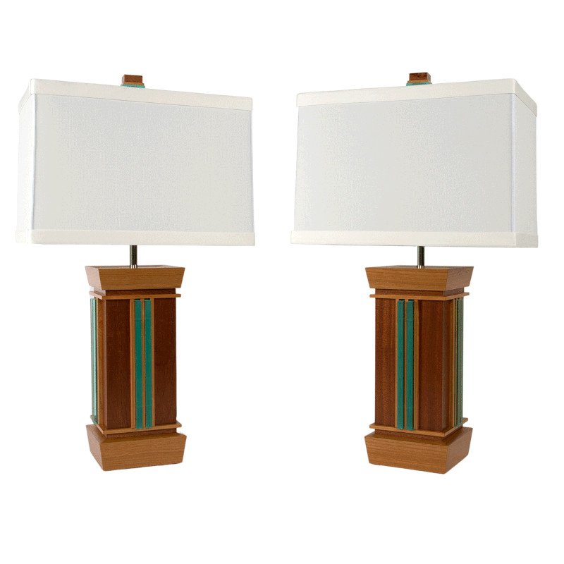 Pair of custom wooden table lamps with rectangular white shades against a plain background.