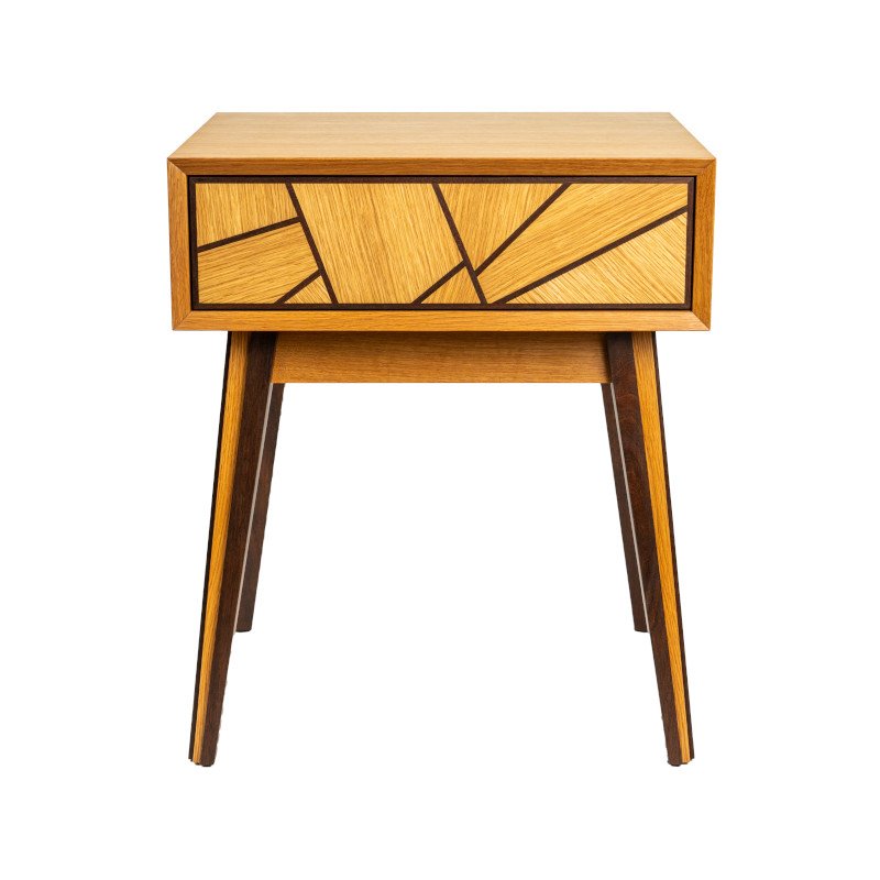 A mid-century modern wooden nightstand with a geometric design on the drawer and angled legs.
