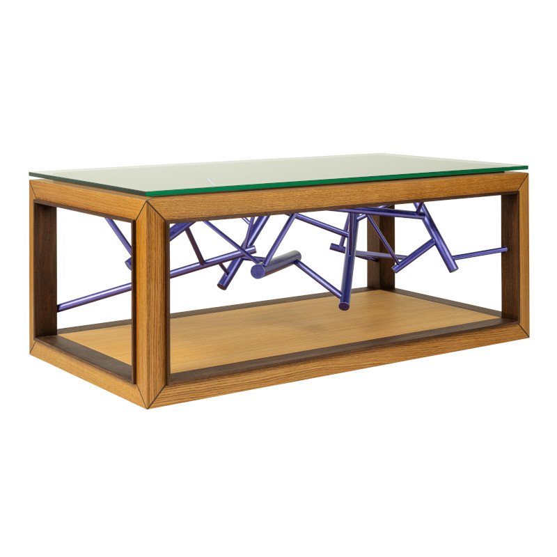 Custom coffee table with suspended sculpture, metallic paint, and glass.