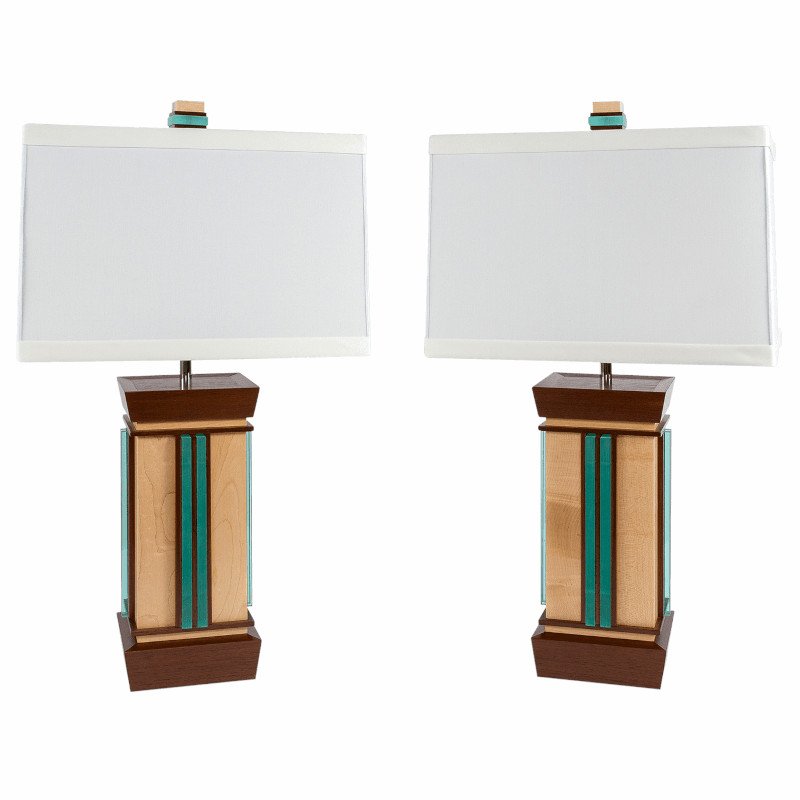 Two modern table lamps with wooden bases and white rectangular lampshades, isolated on a white background.