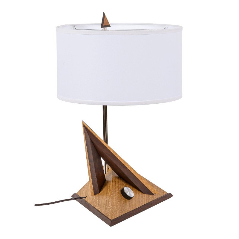 Custom mid-century modern table lamp with wood and metal design, white drum shade, and a decorative triangular finial element.