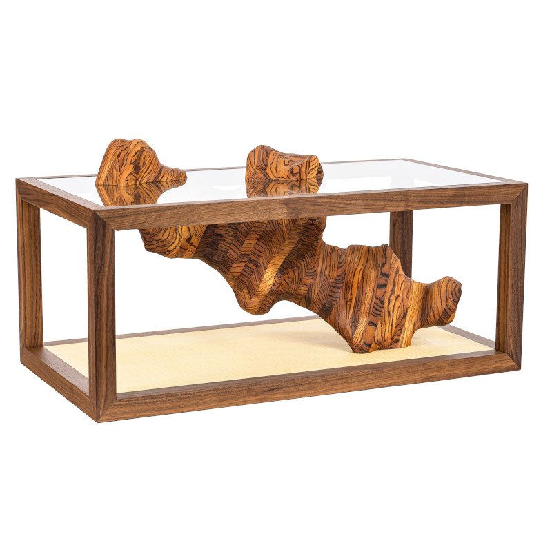 Custom made art furniture coffee table with sculpture and glass