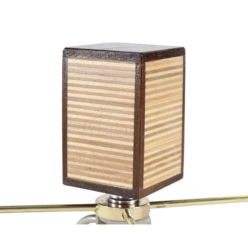 Close-up of a small wooden finial on top of a lamp shade.