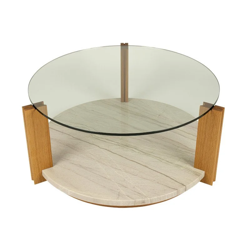 Custom coffee table with quartzite, white oak wood, and glass top.