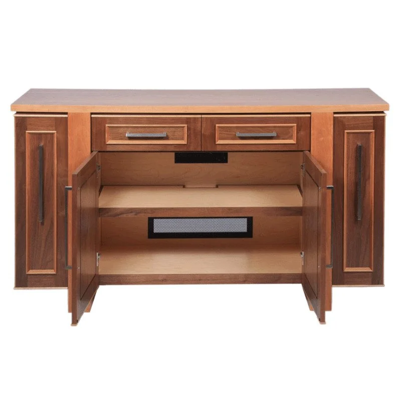 A wooden sideboard with two large doors open to reveal an interior compartment, two small top drawers, and a black vent on the back panel.