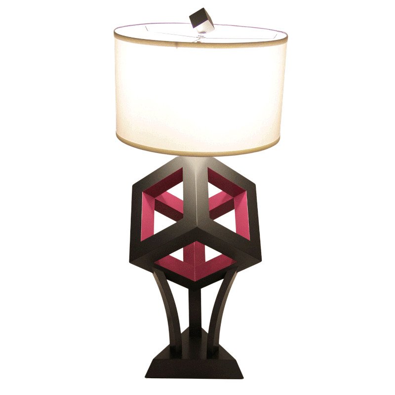 Table lamp with a pedestal base and a white cylindrical lampshade.