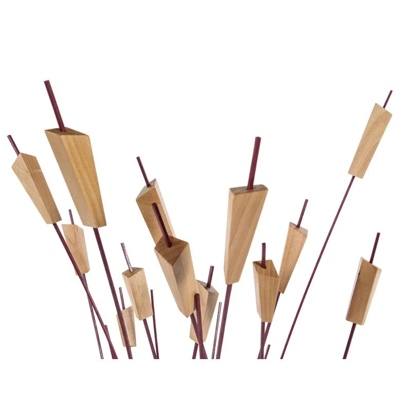 Decorative wooden sticks with rectangular shapes mounted on thin wood rods, arranged in a modern, abstract sculpture resembling reeds or cattails.