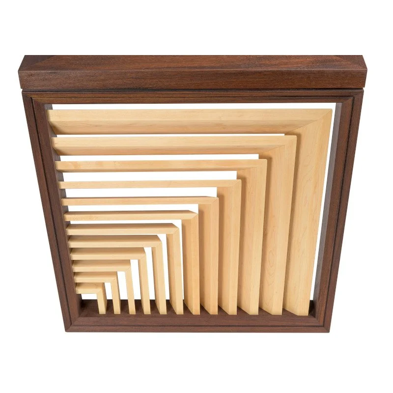 A square wooden aesthetic panel with multiple light-colored wooden slats arranged in a decreasing size pattern inside a dark wooden frame.