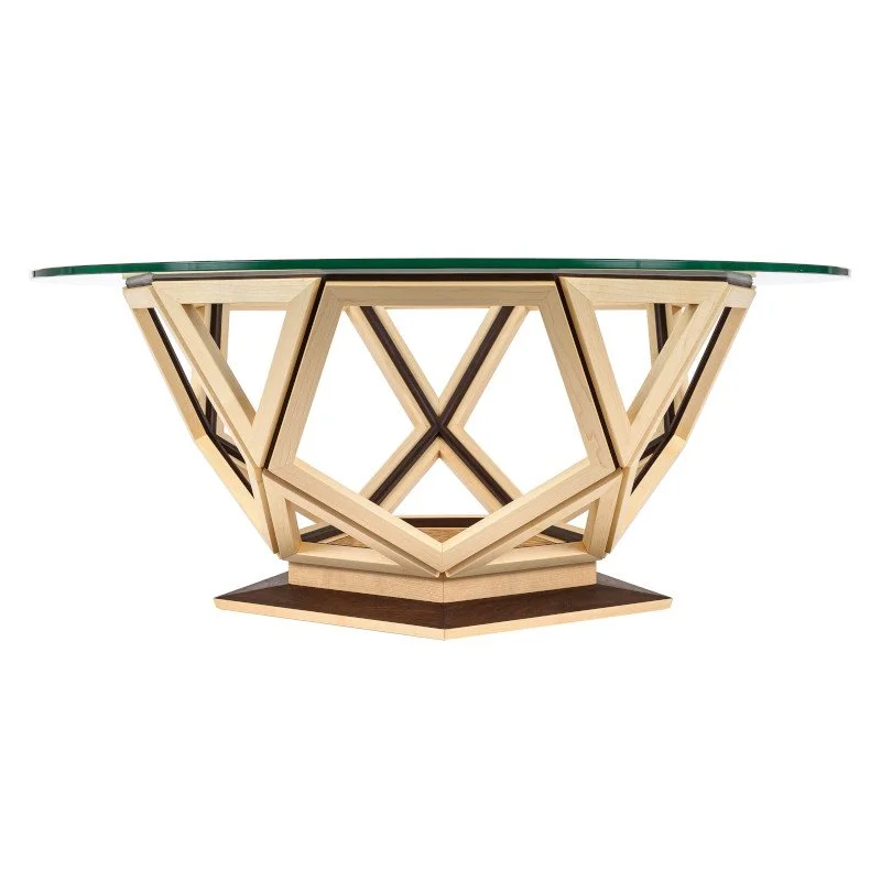 A modern wooden and glass coffee table with a geometric base design.