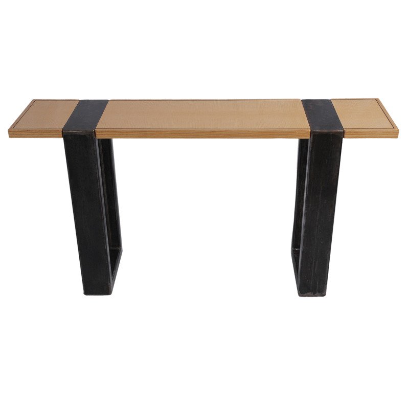 Wooden table with black legs and black metal bands on the top