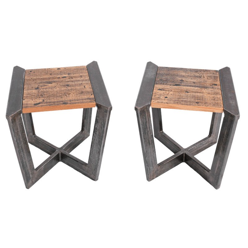 Two rustic wood side tables with metal frames.