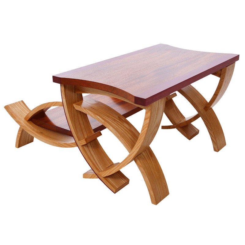 A wooden step stool with curved legs and mahogany top.