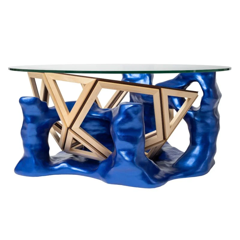 Custom made sculpture coffee table with natural wood and blue metallic paint
